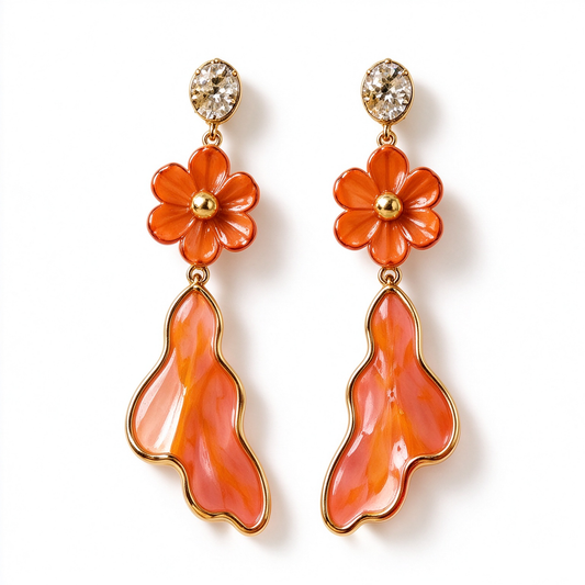 Orange Flower Wavy Resin Drop Earrings