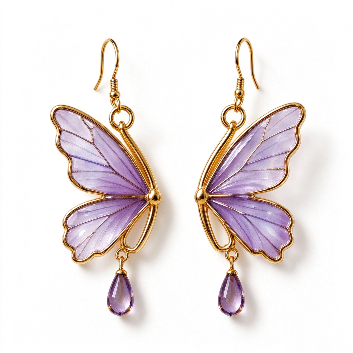 Purple Translucent Butterfly Amethyst Hook Earrings