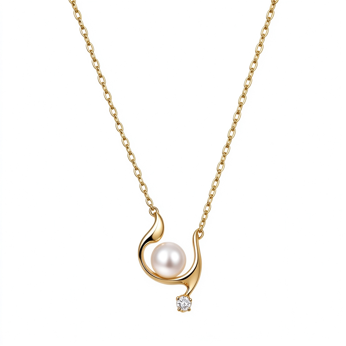 Curved Gold Cradle Pearl Pendant Necklace