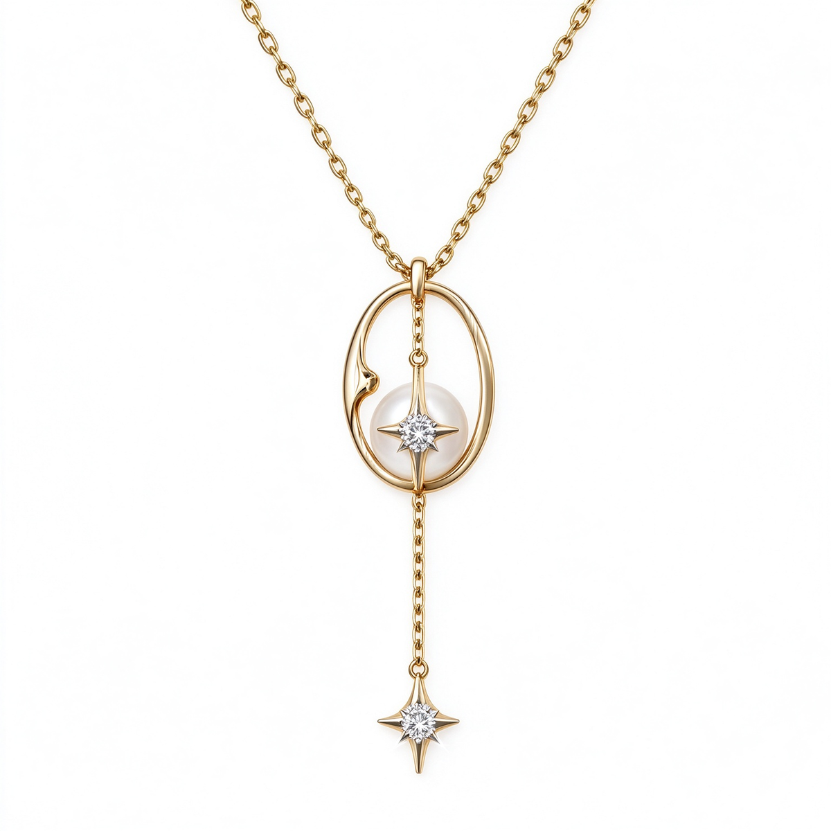 Oval Frame Y Shape Star Pearl Necklace