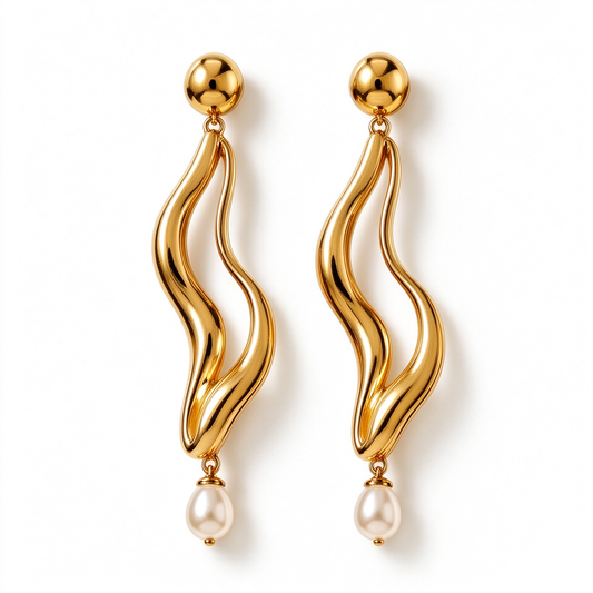 Double Wave Gold Baroque Pearl Dangle Earrings