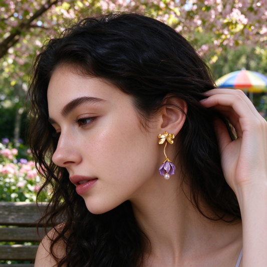 Curved Gold Lavender Bell Flower Pearl Earrings