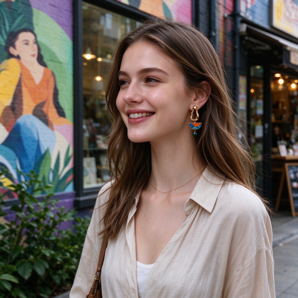 Irregular Gold Hoop Semicircle Gem Drop Earrings