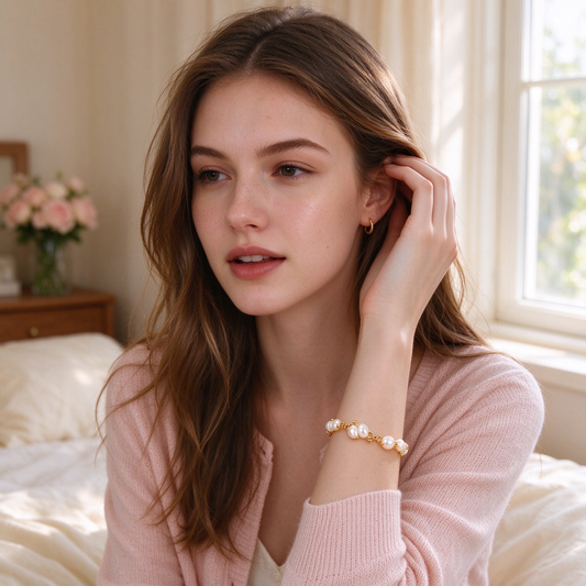 Gold Linked Pearl Open Cuff Bracelet
