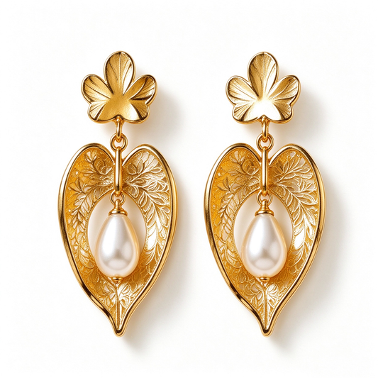 Filigree Clover Heart Pearl Drop Earrings