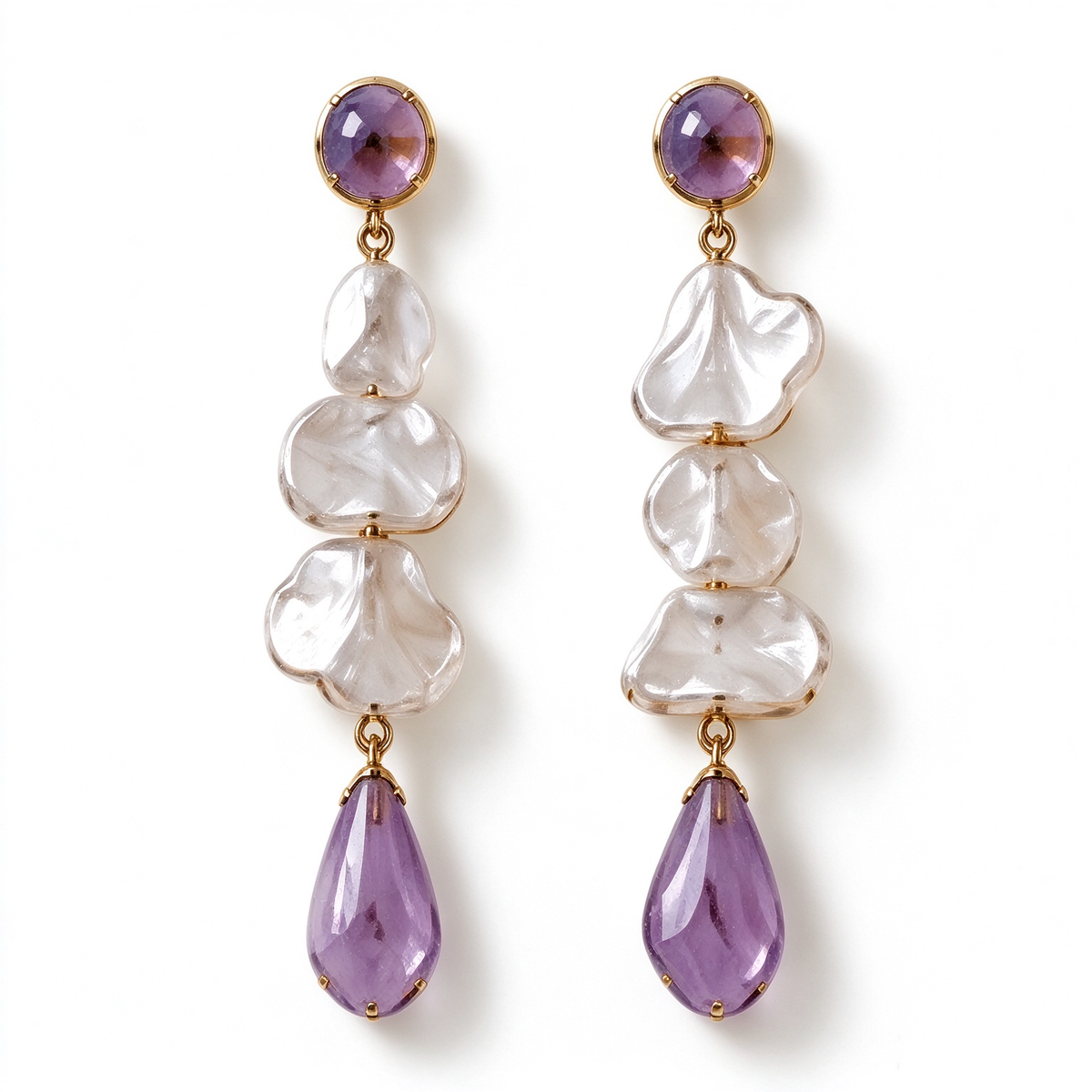 Clear Petal Amethyst Long Drop Earrings