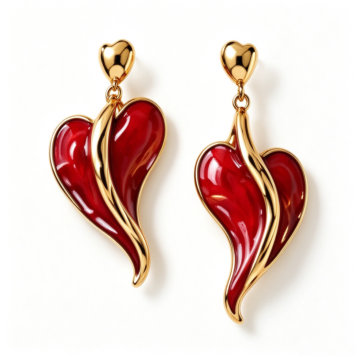 Swirl Red Enamel Heart Gold Earrings