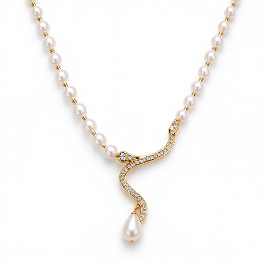 Gold Snake Inlaid Crystal Pearl Strand Necklace