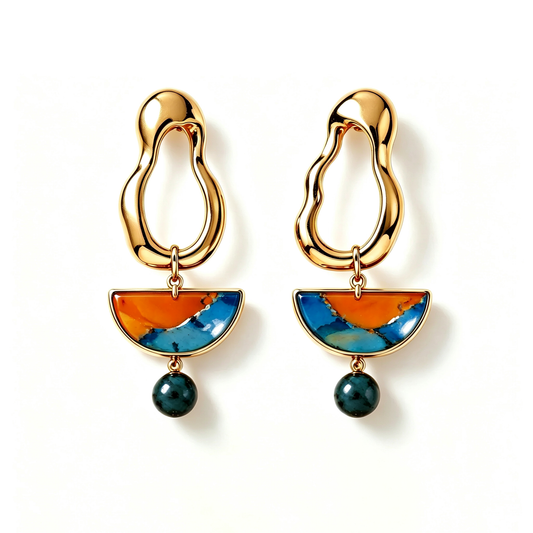 Irregular Gold Hoop Semicircle Gem Drop Earrings