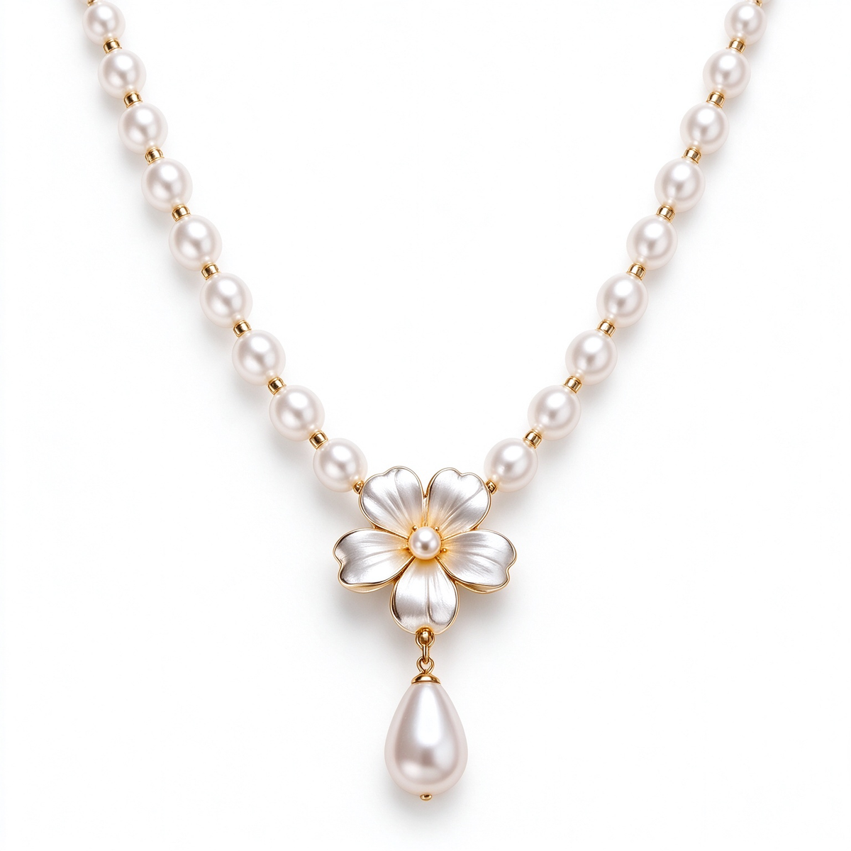 Gold Flower Teardrop Pearl Necklace