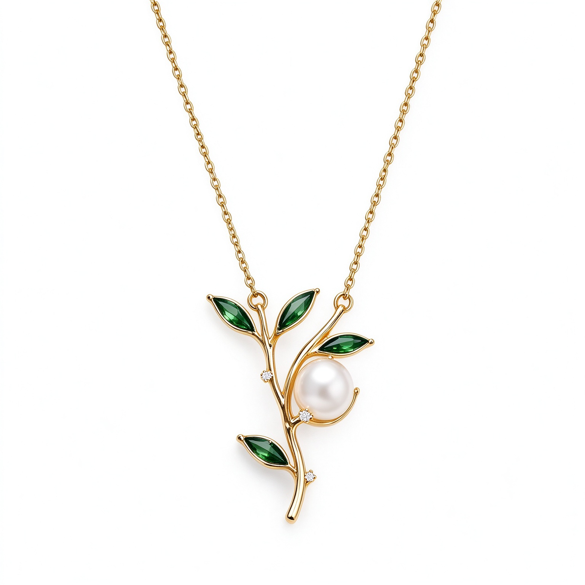 Gold Leaf Branch Emerald Pearl Pendant Necklace