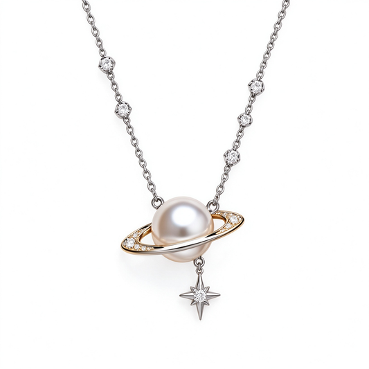 Saturn Planet Star Pearl Pendant Necklace